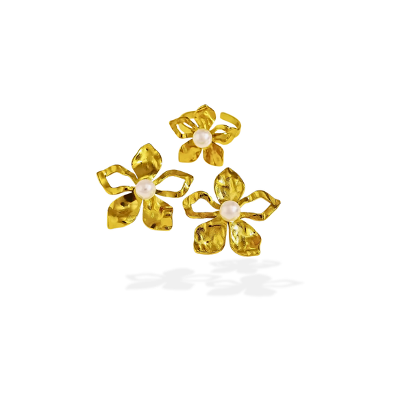 Flower statement øredobber og ring 18K gull