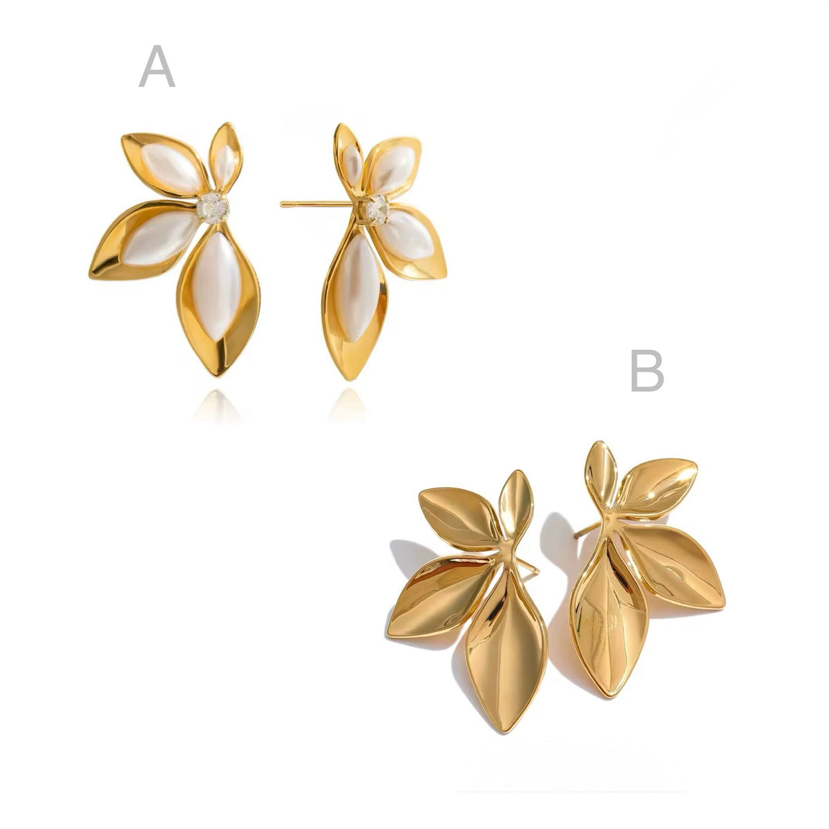 Blomsterøredobber i PVD 18K gullforgylt stål – Pearl Petal og Golden Bloom fra GLAM NORGE