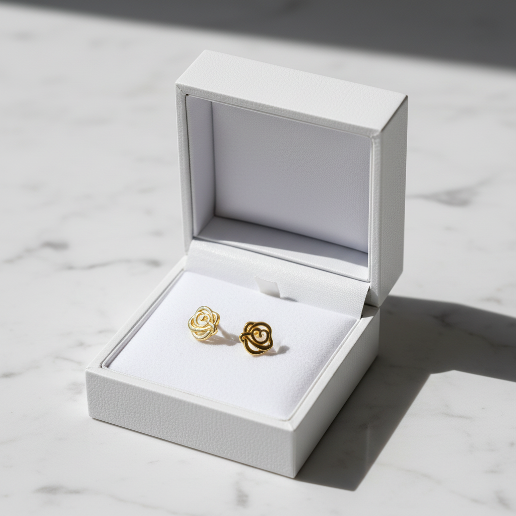 Gold rose knot studs in jewelry box