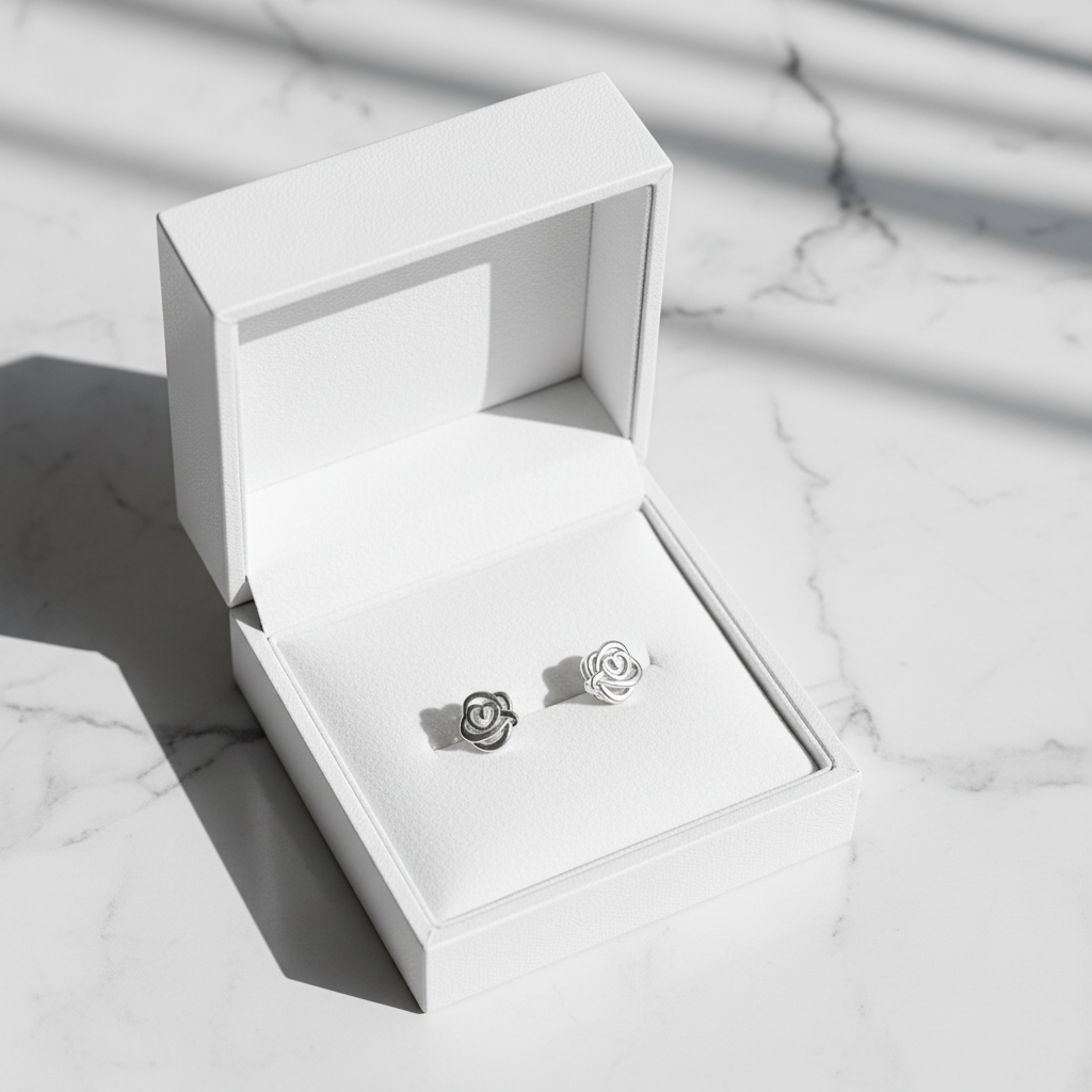 Silver rose knot studs in jewelry box