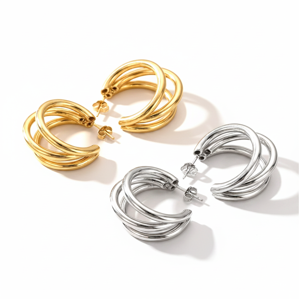 Triple Hoop øredobber gull og sølv – hvit bakgrunn